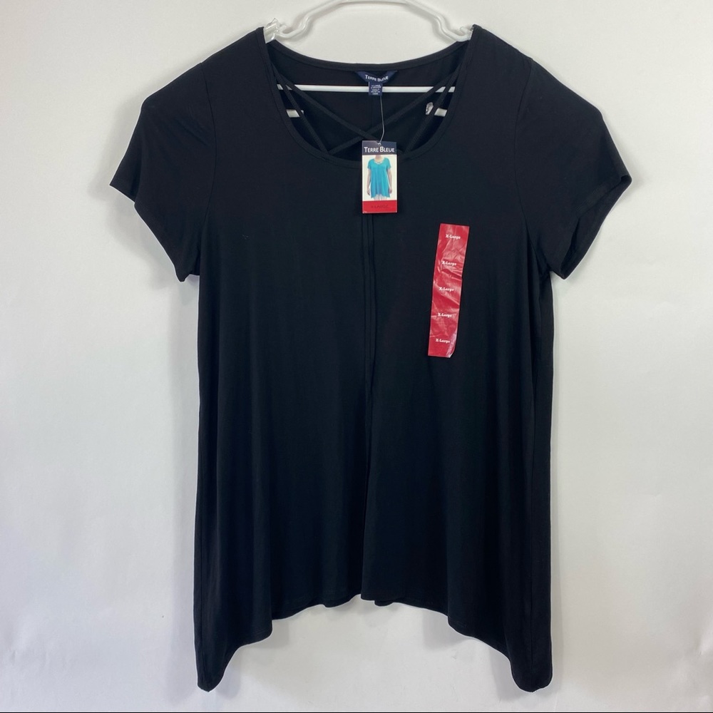 Terre Blue Womens X-Large Black Crisscross Short Sleeve Tunic Top Asymmetrical